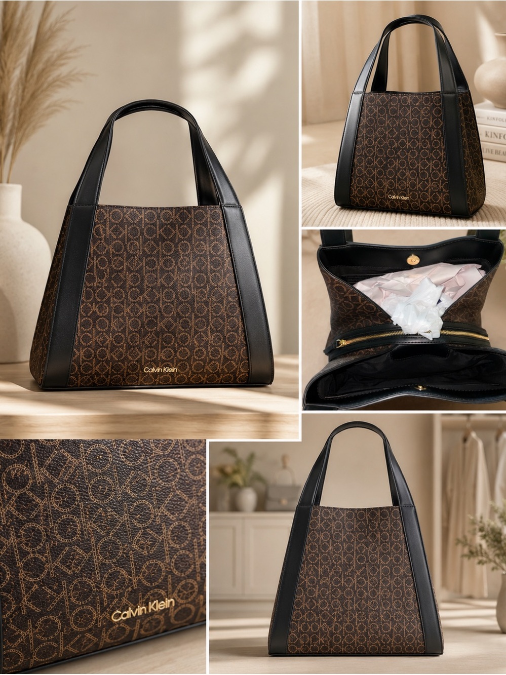 NEW Calvin Klein CK Signature Monogram Tote Bag Brown Black Gold Shoulder Bag
